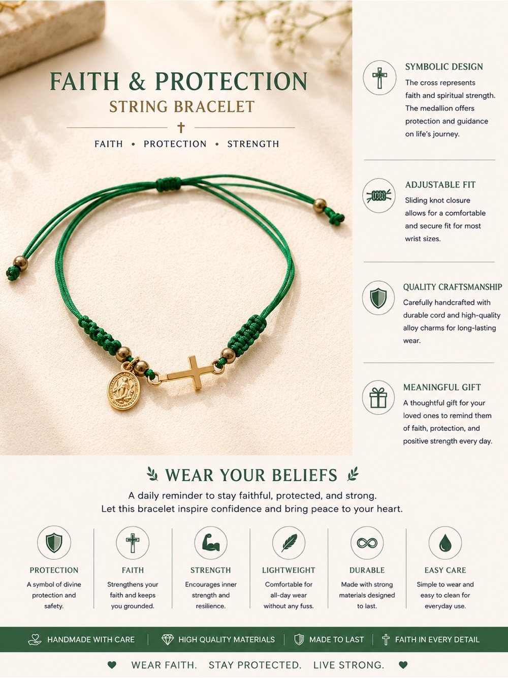 Faith & Protection Green String Bracelet with Gold Cross